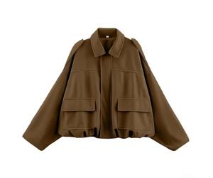 Loose Fit Women's Suede-Style Polyester Jacket with Bat Sleeves and Front Zipper for Daily Vacation Use (S Brown)