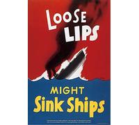 Loose Lips Might Sink Ships Vintage World War II Two WW2 WWII USA Military Propaganda Poster