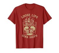 Loose Lips Sink Ships, Skull Ship Pirate Nautical Drinking T-Shirt, Men, Cranberry Red, Medium