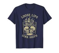 Loose Lips Sink Ships, Skull Ship Pirate Nautical Drinking T-Shirt, Men, Navy Blue, XX-Large