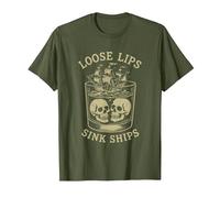 Loose Lips Sink Ships, Skull Ship Pirate Nautical Drinking T-Shirt, Men, Olive Green, XX-Large