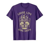 Loose Lips Sink Ships, Skull Ship Pirate Nautical Drinking T-Shirt, Men, Purple, X-Large