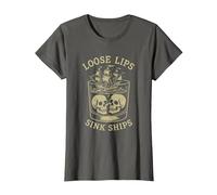 Loose Lips Sink Ships, Skull Ship Pirate Nautical Drinking T-Shirt, Women, Asphalt Grey, 3X-Large