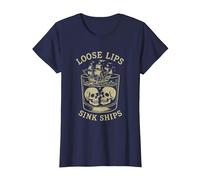 Loose Lips Sink Ships, Skull Ship Pirate Nautical Drinking T-Shirt, Women, Navy Blue, Large