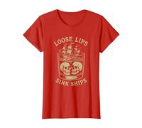 Loose Lips Sink Ships, Skull Ship Pirate Nautical Drinking T-Shirt, Women, Red, 3X-Large