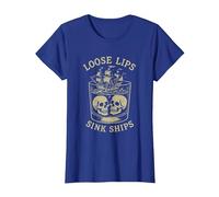Loose Lips Sink Ships, Skull Ship Pirate Nautical Drinking T-Shirt, Women, Royal Blue, Medium