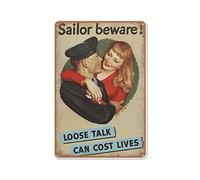 Loose Lips Sink Ships Tin Sign, WWII US Sailor Warning Poster, Sexy Girl Wall Art,Vintage Garage Metal Sign for Man Cave Bar Garage Tools Wall Decor Wall Art, Metal Tin Sign 8 X 12 Inch