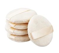 Loose Powder Puff 5 Pieces Round Soft Sponge Face Makeup Compact Body Container Setting Pressed Blending Foundation Cream Make Up Ribbon Strap Sponge Cushion Applicator (Beige)