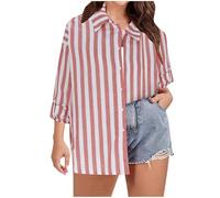 Loose Shirts Long Sleeve for Women Printed Shirt Womens Striped Button Down Cotton Linen Shirts Long Sleeve Casual Blouses Loose Collared Plus Size Fall Tops 2025 White and Black Striped (Red, XXXXXL)