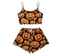 Loose Sleepwear Loungewear for Ladies Halloween Pumpkin Ghost Graphic Print Pyjamas Set for Women Strap and Shorts Two Piece Outfits Lightweight Soft Casual Nightwear