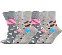 Loose Soft Grip Diabetic Socks for Women & Girls - Cotton Rich, Circulatory Friendly, Grey & Multicolour Patterns (Hearts, Stripes, Polka Dots)
