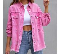Loose Solid Jacket For Women Featuring Raw Edge Detailing And Hole Accents Long Sleeve Casual Jeancoat Outerwear(L Rose red)