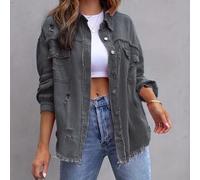 Loose Solid Jacket For Women Featuring Raw Edge Detailing And Hole Accents Long Sleeve Casual Jeancoat Outerwear(L Gray)