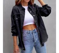 Loose Solid Jacket For Women Featuring Raw Edge Detailing And Hole Accents Long Sleeve Casual Jeancoat Outerwear(M Black)