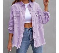 Loose Solid Jacket For Women Featuring Raw Edge Detailing And Hole Accents Long Sleeve Casual Jeancoat Outerwear(XL Purple)