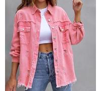 Loose Solid Jacket For Women Featuring Raw Edge Detailing And Hole Accents Long Sleeve Casual Jeancoat Outerwear(M Pink)