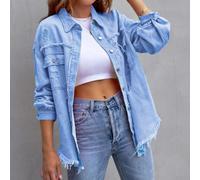 Loose Solid Jacket For Women Featuring Raw Edge Detailing And Hole Accents Long Sleeve Casual Jeancoat Outerwear(2XL Blue)