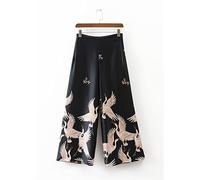 Loose Style Japanese Harajuku Women Wide Leg Cropped Trousers Print Female Elastic Autumn Pants Black M