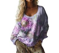 Loose Summer Tops for Women UK Oversized Bohemian Embroidered Tops Fall Long Sleeve Vintage Loose Elegant Blouses Ladies Beach Leisure Hippie Clothes Retro Floral Pattern Tunics M, Purple Style#4