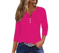 Loose Tops for Women UK Women's Casual Seven Sleeve V Neck Button Down Tops with Pocket Loose Fit Blouse for Daily Wear Oversized Tees Womens Check Shirt Autumn Women UK Hot Pink