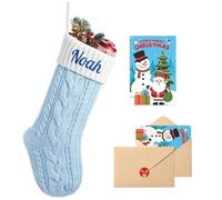 Loosusu Personalised Christmas Stockings with Christmas Cards,Custom Embroidered Name Monogram Christmas Stocking for Baby Kids Girl Family,18" Large White Blue Knit Xmas Stockings for Fireplace