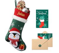 Loosusu Personalised Christmas Stockings with Embroidered Name & Monogram, 18" Large Custom Penguin Character Stocking with Christmas Card,Burlap Plaid Xmas Stockings for Fireplace Holiday Decor