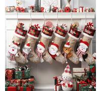 Loosusu Personalised Christmas Stockings with Embroidered Name & Monogram,Custom 3D Santa,Snowman,Reindeer&Dog,Cat Xmas Character Stocking with Christmas Card,18" Large Burlap Stockings for Fireplace