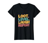 Loot Level Laugh Repeat Couch Co-Op Gaming Partner Value Graphic T-Shirt, Women, Black, S
