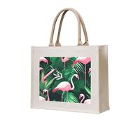 lootpe Flamingo Bird Green Leaf Print Tote Bag, Personalized Present Bag, Canvas Beach Travel Bag, Shopping Bags, Gift For Women Mom