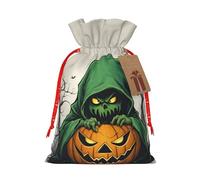 Lootpe Green Ghost Horror Halloween Pumpkin 1 Print Large Christmas Gift Bags,Reusable Holiday Bags For Gifts,Drawstrings Burlap Goody Gift Bags