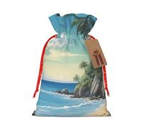 Lootpe Palm Tree Rocky Shore Print Large Christmas Gift Bags,Reusable Holiday Bags For Gifts,Drawstrings Burlap Goody Gift Bags