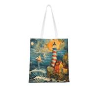 lootpe The Seaside Lighthouse Print Aesthetic Canvas Tote Bag, Lightweight Tote Bag, Reusable Grocery Bags, For Shopping Gym Work