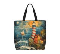 Lootpe The Seaside Lighthouse Print Tote Bag For Women, Work Handbags, Large Capacity Casual Shoulder Handbags, For Travel Gym