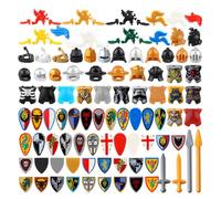 LootPop Mini Knight Figures Armor Accessories, Medieval Knight Shield Building Block Set, Shields and Armour with Prints, Helmets in Many Colours and Decor (93 Pieces)