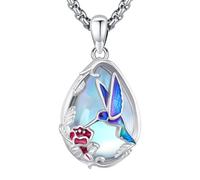 LOOVE S925 Sterling Silver Flower Hummingbird Necklace for Women Oval Black Obsidian Moonstone Pendant Mother's Day Necklace for Mum Turquoise Jewellery Gifts