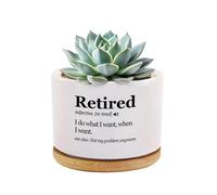 Loovelo Retired Definition Retirement Gifts Ceramic Succulent Plant Pot with Bamboo Tray Round Coworker Boss Home Office Decor Plant Lover 3.5 Inch White