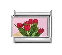 Loozykit Italian Charm bracelet charms silver Floral print pattern Italian charms 19mm italian bracelet charm stainless splicable accessories Dripping oil module DIY girl gift(Red tulip)