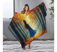 LOP Big Blanket Girl In Blue Dress Walking Through Autumn Forest Flannel Blanket Easter Throw Blanket Soft Blanket(127x100cm)