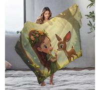 LOP Cute Throw Blanket Whimsical Forest Encounter: A Girl In A Green Dress Meets A Deer Flannel Blanket Beach Blanket Fleece Blankets(125x150cm)