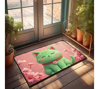 LOP Out Door Mat Outdoor Green Lucky Cat With Cherry Blossoms Doormat Entry Floor Mats Positive Doormat(65X90CM)
