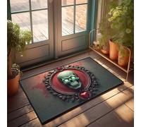 LOP Summer Rug Green Skull With Heart In Ornate Frame Doormat Funny Front Door Mat Outdoor Doormat Funny(40X60CM)