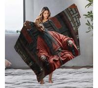 LOP White Blanket Seated Warrior In Red Robe: Ancient Chinese Portrait Flannel Blanket Large Throw Blanket Fleece Blankets(125x150cm)