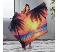 LOP Yellow Throw Blanket Palm Trees Frame A Serene Sunset On The Beach Flannel Blanket Warming Blanket White Blanket(127x100cm)