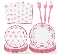 Lopeastar 100Pcs Pink Bow Birthday Decorations Plates Set, Bow Baby Shower Decorations Girls Just Wanna Be One Plates Napkins and Forks for 25 Guests