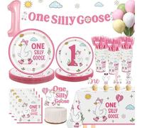 Lopeastar One Silly Goose Birthday Decor Girl Plates Set, Silly Goose First Birthday Decorations for Girl Balloons Banner Plates Napkins Cups Forks Tablecloth 25 Guests