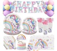 Lopeastar Unicorn Birthday Balloons Plates Decorations Set, Decoracion De Cumpleaños Para Niña Pastel Rainbow Balloons Birthday Banner Plates Napkins Cups Forks Cake Topper Tablecloth 25 Guests