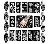 LOPHE 16 Pcs Tattoo Stencils Set for Adults - 4 Pairs Hand Stencils + 12 Small Boho Floral Templates | Reusable Flower Lace Stencil Paper for Women | Henna Festival Bridal Shower