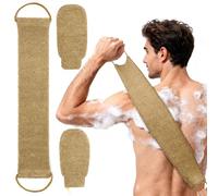 LOPHE Back Scrub Jute Set Include Exfoliating Gloves | Extra Long Exfoliating Back Scrubber Towel | Natural Exfoliating Back Strap for Cleaning Dirt and Dead Skin | Bath Gloves for Men and Women