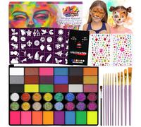 LOPHE Face Body Painting Kit | 42 Colour Square Palette with 10 Brushes, 4 Stencils & 2 Diamond Gems | Water Based Makeup Set for Kids Adults | Halloween, Cosplay & Party