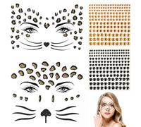 LOPHE Face Gem Glitter,4 PCS Adhesive Face Glitter Gem Temporary Tattoo Stickers,Crystal Eyes Face Sticker Set for Music Holiday Party,Halloween,Christmas,Birthday Carnival(Black Gold Gem Leopard)